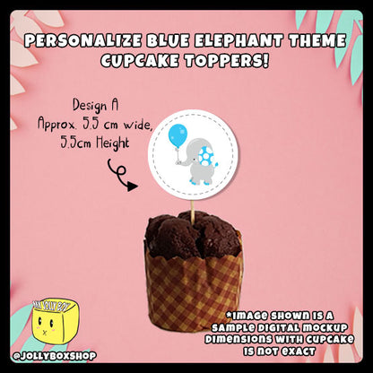 Digital mockup of a personalized cute blue elephant theme cupcake topper design A