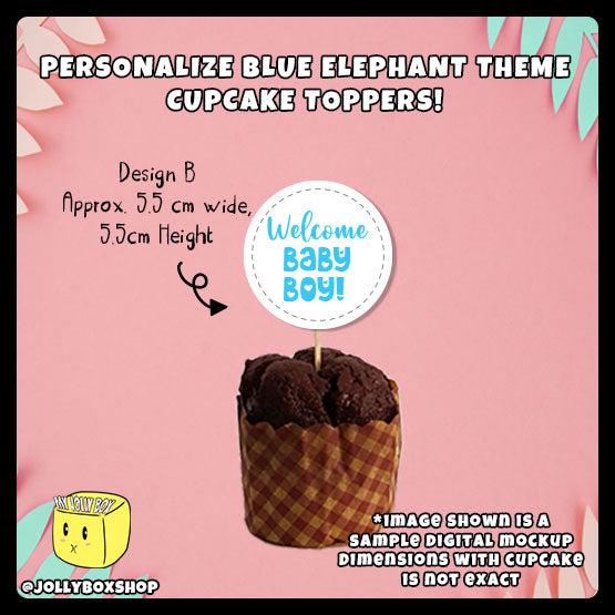 Digital mockup of a personalized cute blue elephant theme cupcake topper design B