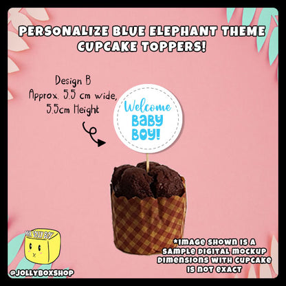 Digital mockup of a personalized cute blue elephant theme cupcake topper design B
