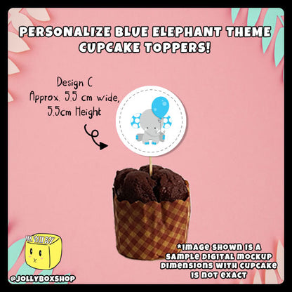 Digital mockup of a personalized cute blue elephant theme cupcake topper design C