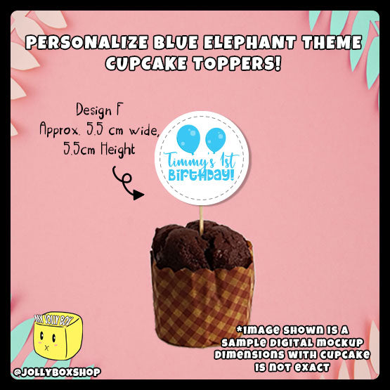Digital mockup of a personalized cute blue elephant theme cupcake topper design F
