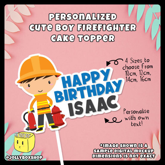 Digital mockup of Personalized Cute Boy Fire Fighter Theme Cake Topper