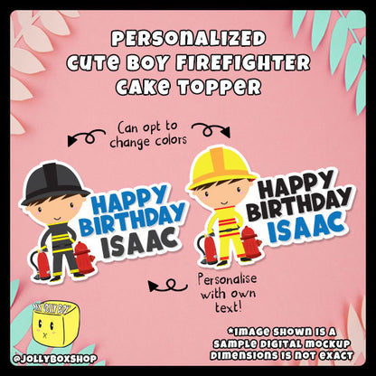 Digital mockup of Personalized Cute Boy Fire Fighter Theme Cake Topper in Different Colors