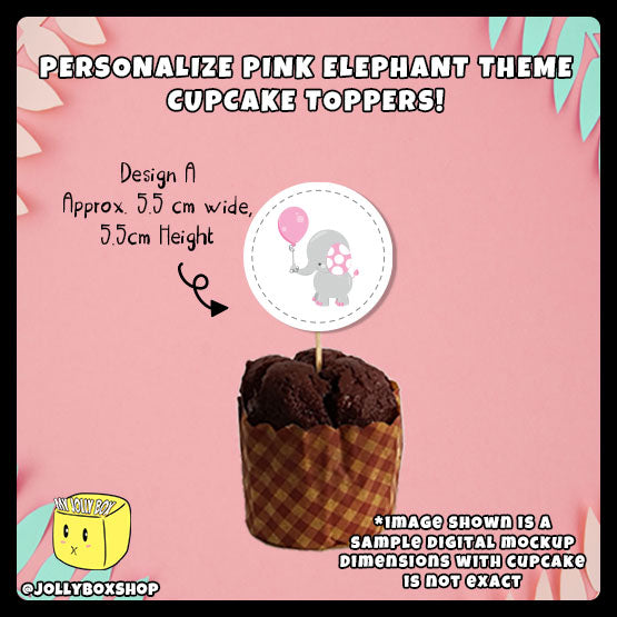 Digital mockup of personalize pink elephant theme cupcake toppers design A