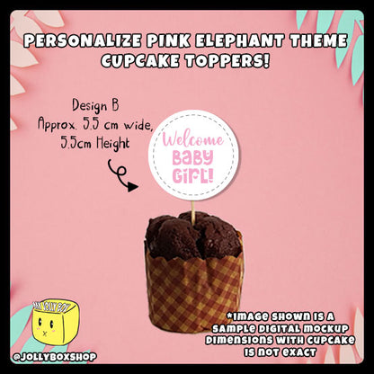 Digital mockup of personalize pink elephant theme cupcake toppers design B