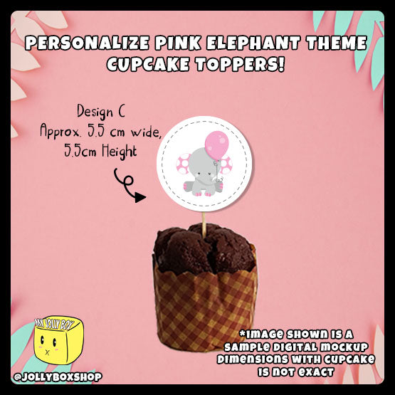 Digital mockup of personalize pink elephant theme cupcake toppers design C