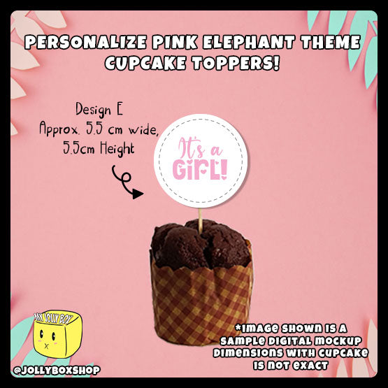 Digital mockup of personalize pink elephant theme cupcake toppers design E