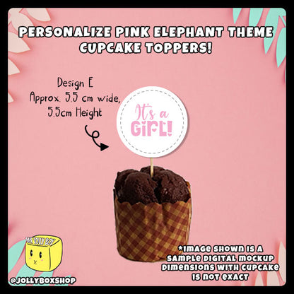 Digital mockup of personalize pink elephant theme cupcake toppers design E
