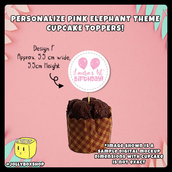 Digital mockup of personalize pink elephant theme cupcake toppers design F