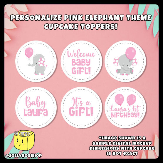 Digital mockup of personalize pink elephant theme cupcake toppers featured image