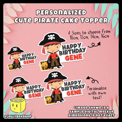 Digital mockup of personalized cute pirate boy cake toppers in different sizes. 16cm, 14cm, 12cm, 10cm wide