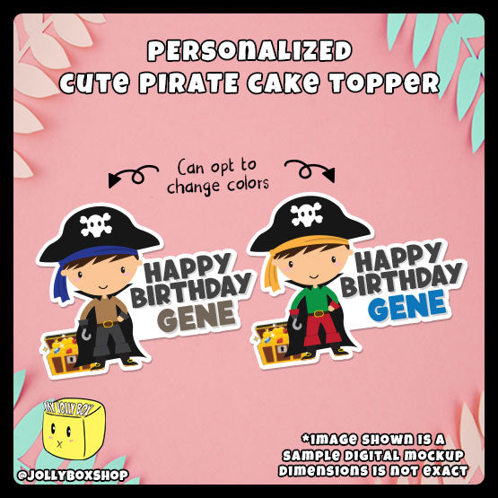Digital mockup of personalized cute pirate boy cake toppers in different colors