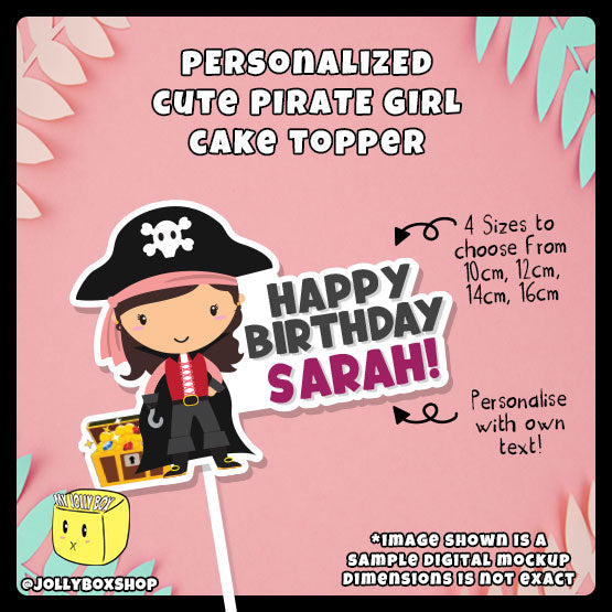 Digital mockup of a personalized cute pirate girl cake topper