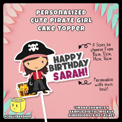 Digital mockup of a personalized cute pirate girl cake topper