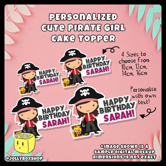 Digital mockup of a personalized cute pirate girl cake topper in 4 sizes, 10cm, 12cm, 14cm, 16cm wide