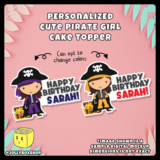 Digital mockup of a personalized cute pirate girl cake topper in different colors