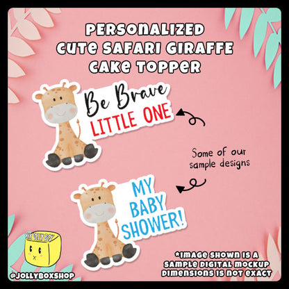 Digital mockup of a personalized cute safari giraffe cake topper in different messages and text colors