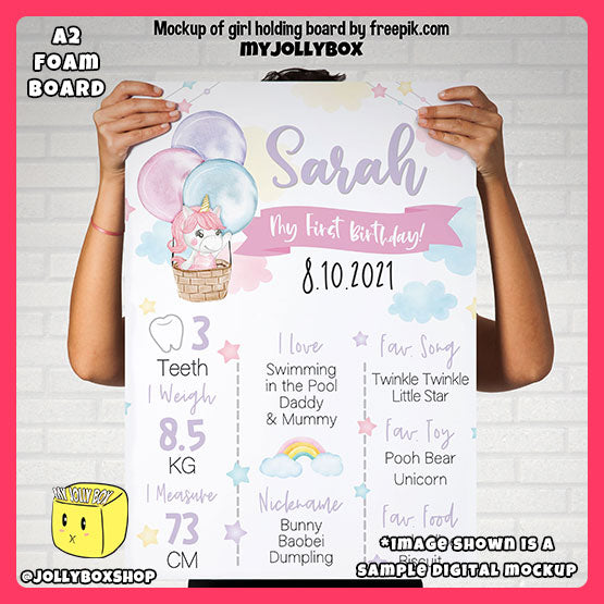 Digital Mockup of Girl Holding A2 Size Board of Personalized Unicorn in Hot Air Balloon Theme Milestone or Birthday Board