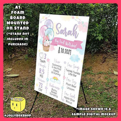 Digital Mockup of Personalized Unicorn in Hot Air Balloon Theme Milestone or Birthday Board in A1 Size and on stand