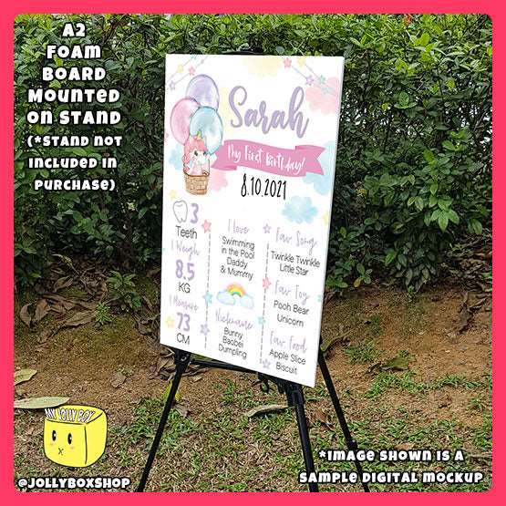 Digital Mockup of Personalized Unicorn in Hot Air Balloon Theme Milestone or Birthday Board in A2 Size and on stand