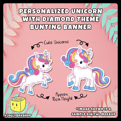 Digital mockup of Personalized Unicorn with Diamond Theme Bunting Banner_Unicorns