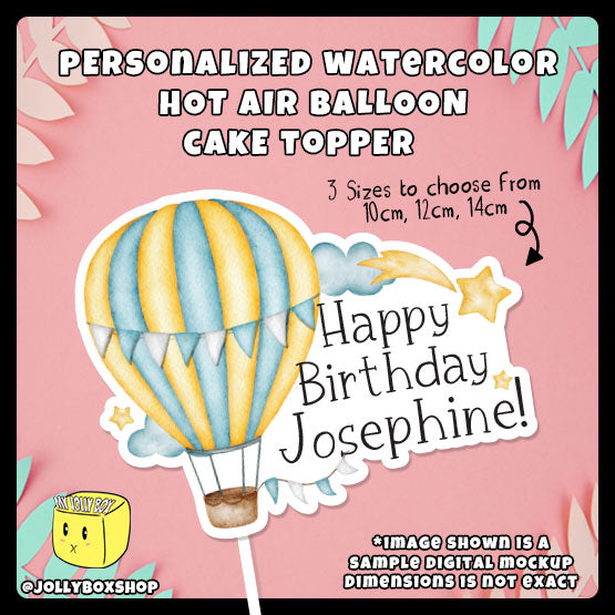 Digital mockup of Personalized Watercolor Hot Air Balloon Cake Topper