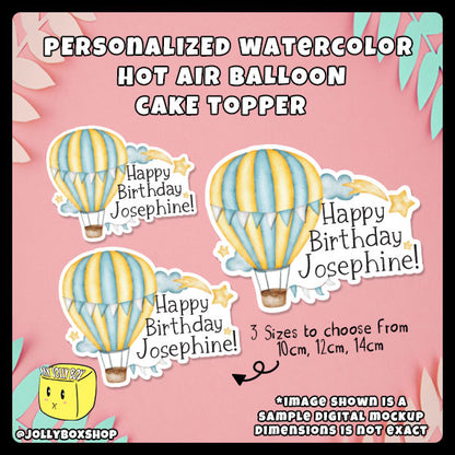 Digital mockup of Personalized Watercolor Hot Air Balloon Cake Topper in 3 sizes, 10cm, 12cm, 14cm wide