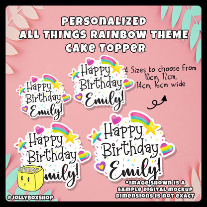Digital mockup of a Personalized all things rainbow theme cake topper in 4 different sizes 10cm, 12cm, 14cm, 16cm wide