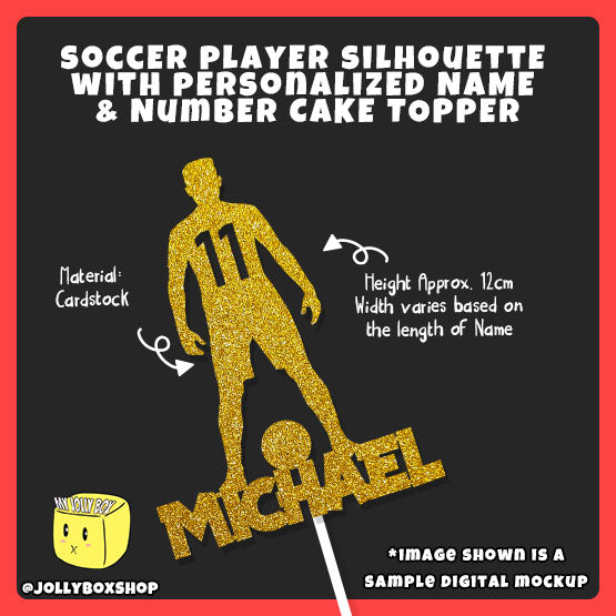 Digital mockup of a soccer player silhouette with personalized name and number cake topper