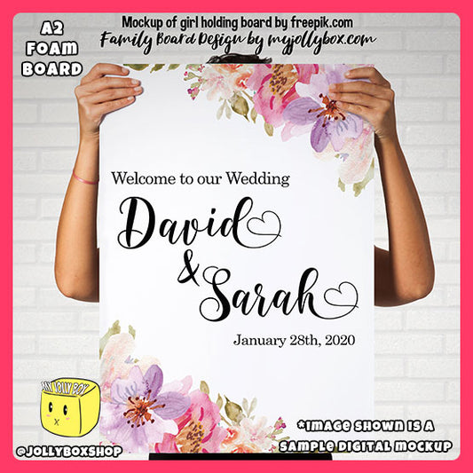 Digital mockup of Girl holding a A2 size Personalized Wedding Board with Watercolor Flowers
