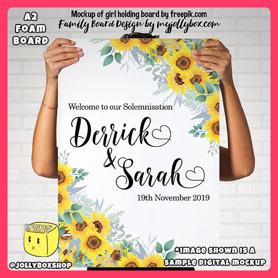 Digital mockup of a girl holding a A2 size Personalized Welcome to Wedding with Sunflower Wedding Board