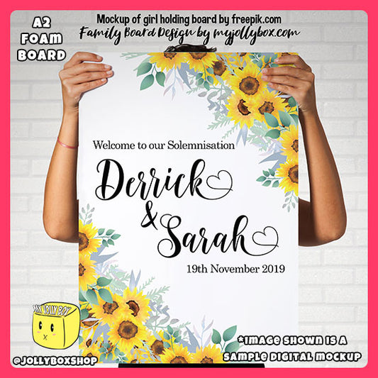 Digital mockup of a girl holding a A2 size Personalized Welcome to Wedding with Sunflower Wedding Board