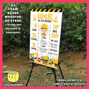 Sample Mockup of a A2 Size Personalized Construction Theme Milestone Board Placed on a stand