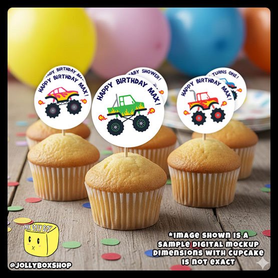 Digital Mockup of 6 different designs of Monster Truck Theme Cupcake Toppers Placed on Cupcakes