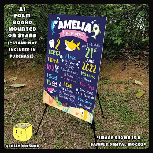 Digital mockup of a A1 size shark theme milestone board placed on a stand