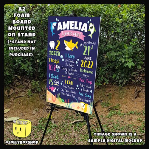 Digital mockup of a A2 size shark theme milestone board placed on a stand