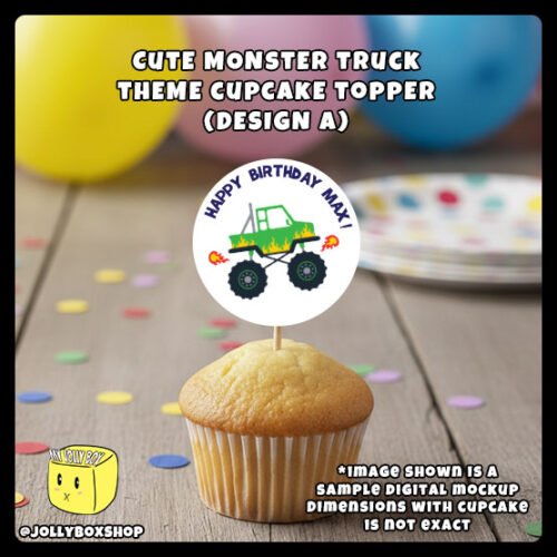 Digital Mockup of Monster Truck Theme Cupcake Topper Design A Placed on Cupcake