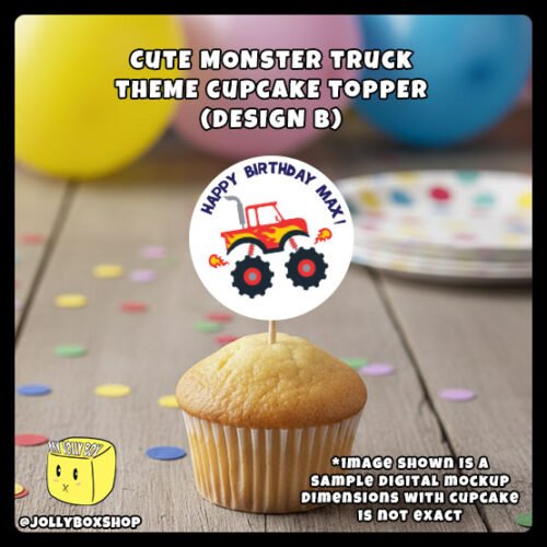 Digital Mockup of Monster Truck Theme Cupcake Topper Design B Placed on Cupcake