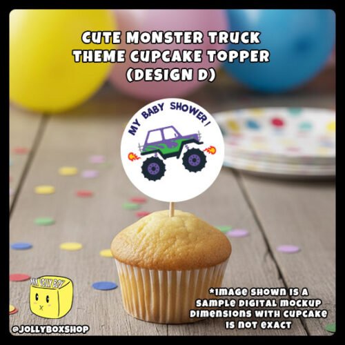 Digital Mockup of Monster Truck Theme Cupcake Topper Design D Placed on Cupcake