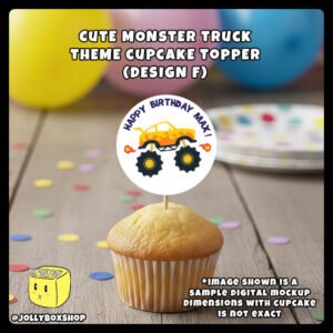 Digital Mockup of Monster Truck Theme Cupcake Topper Design F Placed on Cupcake