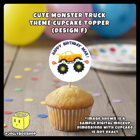 Digital Mockup of Monster Truck Theme Cupcake Topper Design F Placed on Cupcake