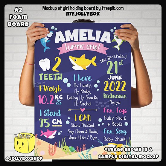 Digital mockup of a person holding a A2 size shark theme milestone board