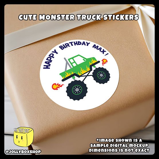 Digital mockup of a cute green monster truck round sticker pasted on gift box