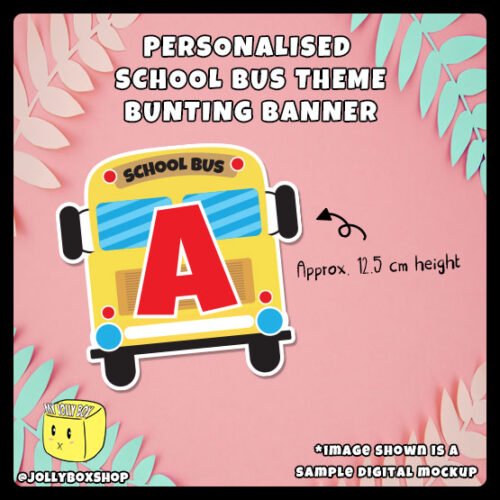 Mockup of Personalized School Bus Theme Bunting Banner with Dimensions