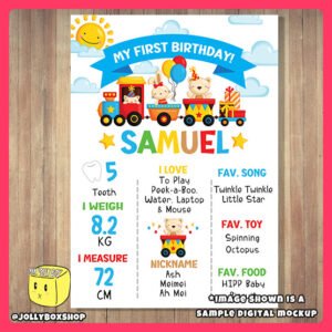 Sample mockup of a Personalized Animal Train Theme Milestone Board