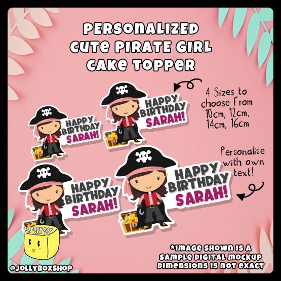 Cute Pirate Girl Cake Topper in 4 different dimensions