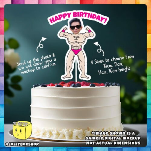 Digital mockup of a Personalize Muscular Man Cake Topper placed on a cake