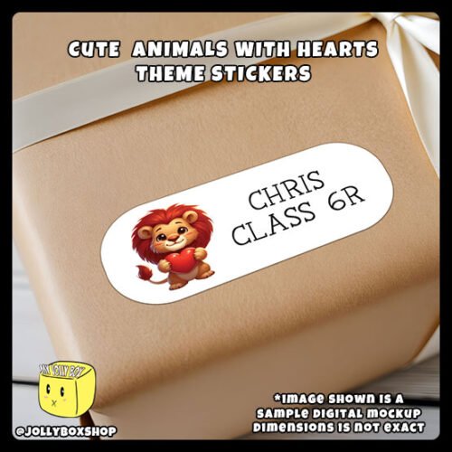 8cm-wide-Personalize-Cute-Animals-with-Hearts-Theme-Sticker-Lion-Pasted-on-Gift-Box Digital mockup of a cute lion holding a heart sticker pasted on gift box