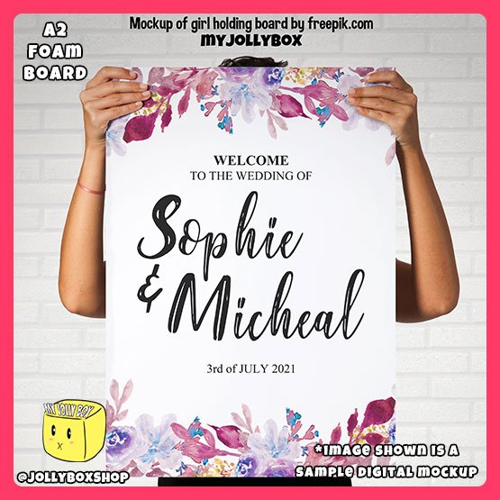 Digital Mockup of a person holding a A2 Size Watercolor Purple Flowers Theme Welcome to Wedding Foam Board