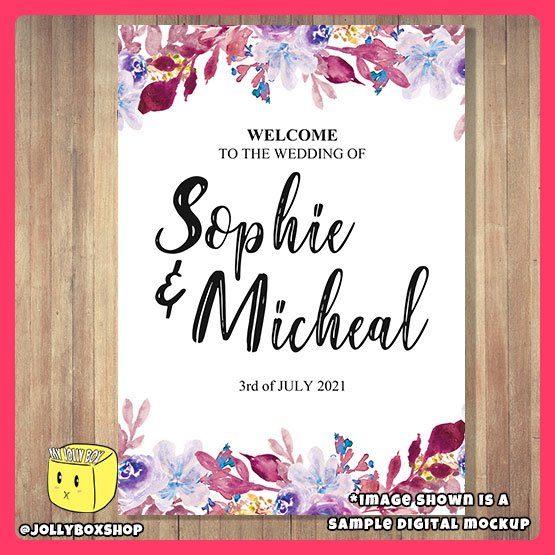 Digital Mockup of a Watercolor Purple Flowers Theme Welcome to Wedding Foam Board